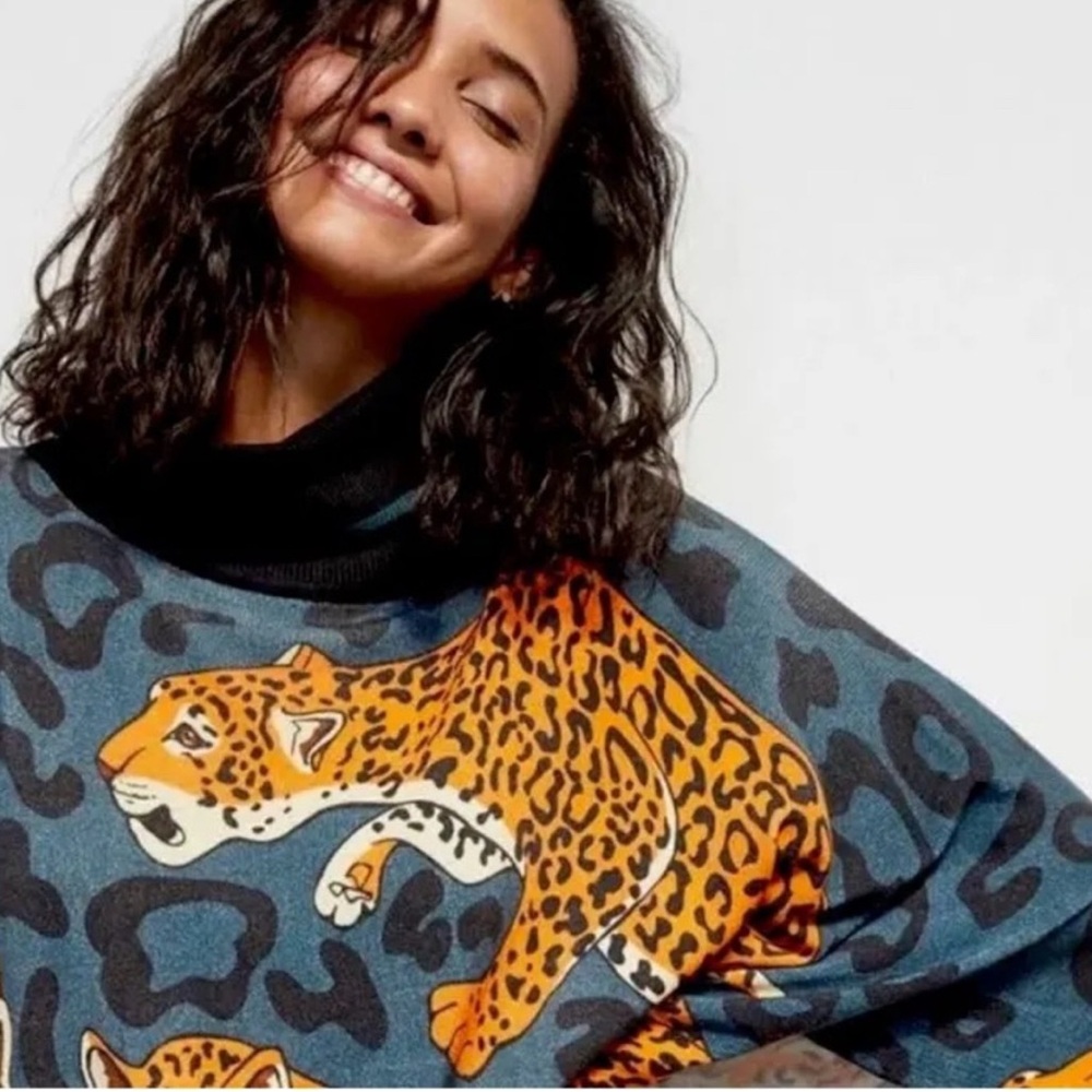 Anthropologie Blue and Orange Leopard Sweater
